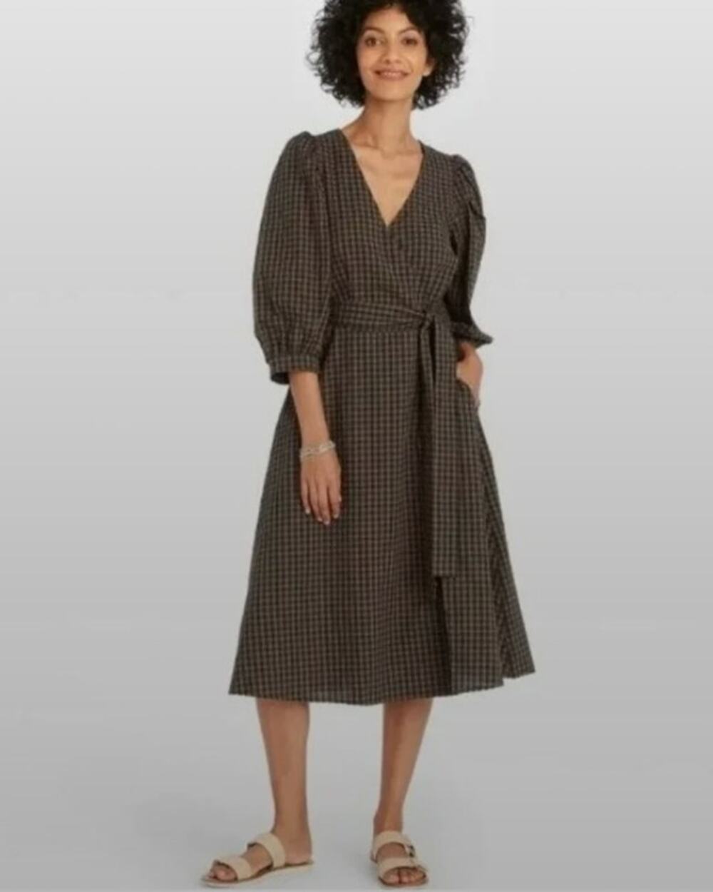 New Day Faux Wrap Midi Dress Puff Sleeve Gingham Plaid Seersucker XL Cottage